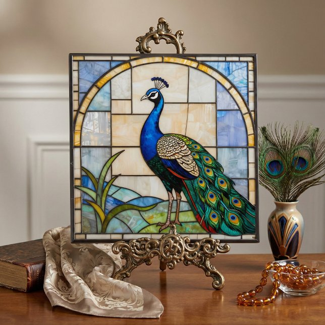 Carreau Elegant Blue Peacock Faux Stained Glass Mosaic Art (Créateur téléchargé)