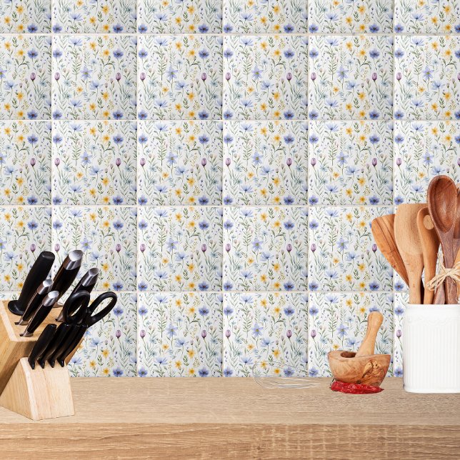 Carreau Elegant Blue Purple Watercolor Wildflower  (Créateur téléchargé)