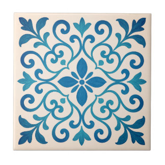 Carreau Elegant Blue & Turquoise Mediterranean Floral V2