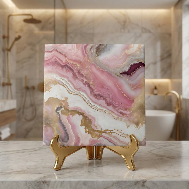 Carreau Elegant Blush Pink Rose Gold & White Agate Marble (Créateur téléchargé)