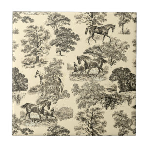 Carreau Élégant Cheval Rustique Arbres Beige Tan Toile