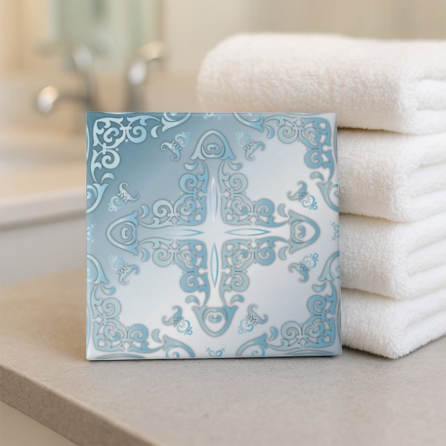 Carreau Elégant Classy Chic Bleu Métallo Baroque Bordure (Créateur téléchargé)