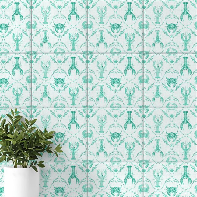 Carreau Elegant Coastal Lobster and Crabs in Mint Green (Elegant Coastal Lobster and Crabs in Mint Green Ceramic Tile)