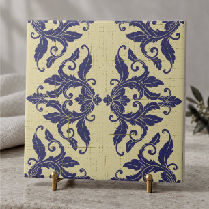 Carreau Élégant damas vintage bleu marine jaune monogramme