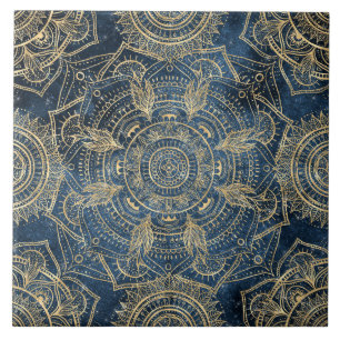 Carreau Elégant design de l'or de Mandala Blue Whimsy