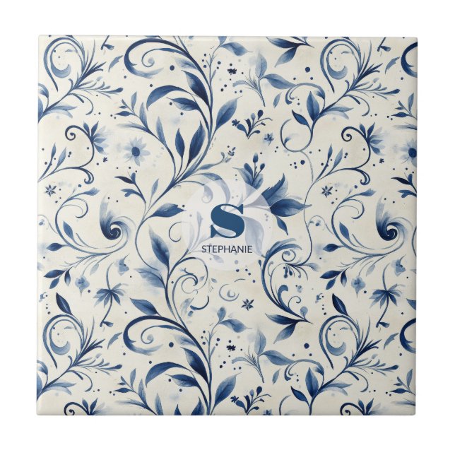 Carreau Élégant Feuilles Blue Paisley - Arrière - plan bla (Devant)