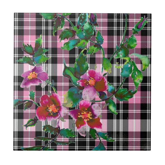 Carreau Élégant fleur sauvage rose rose noir plaid (Devant)