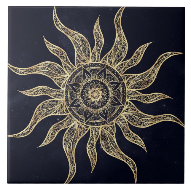 Carreau Elégant Gold Sun Mandala Blue Nebula Design (Devant)