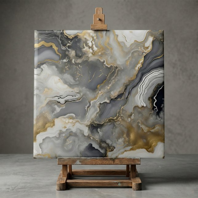 Carreau Elegant Grey and Gold Liquid Marble Agate (Créateur téléchargé)