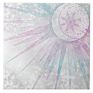 Carreau Elegant Iridescent Sun Moon Mandala Silver Design