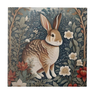 Carreau Elégant lapin encadré de fleurs et de Feuilles