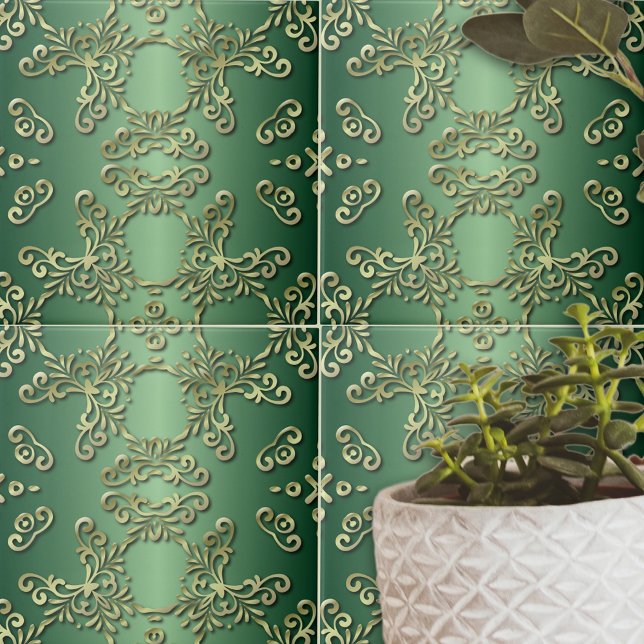 Carreau Elégant luxe Ornate Gold Green Emerald (Créateur téléchargé)