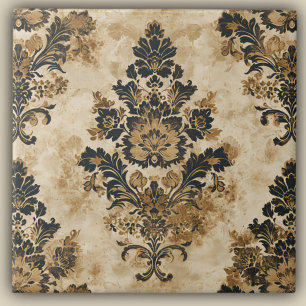 Carreau Elégant Luxueux Black Gold Beige Ivory Damask