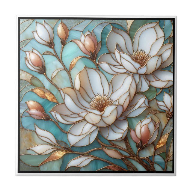 Carreau Elegant Magnolia Stained Glass Floral Mosaic Art (Devant)
