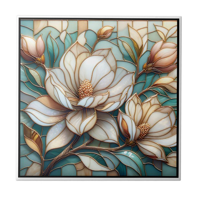 Carreau Elegant Magnolia Stained Glass Floral Mosaic Art (Devant)