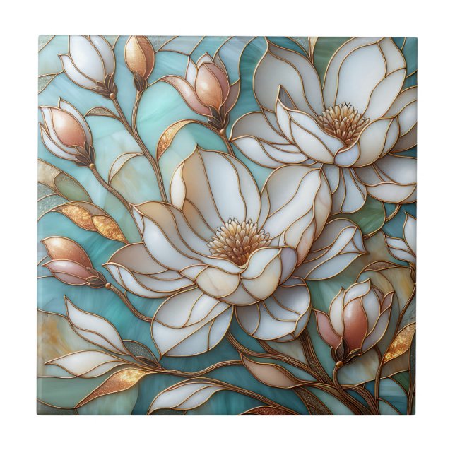 Carreau Elegant Magnolia Stained Glass Floral Mosaic Art (Devant)