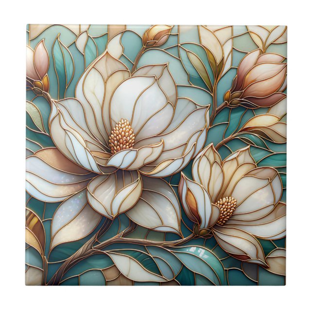 Carreau Elegant Magnolia Stained Glass Floral Mosaic Art (Devant)