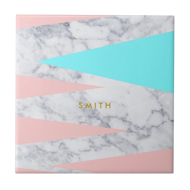 Carreau élégant marbre blanc triangles géométriques menthe (Devant)