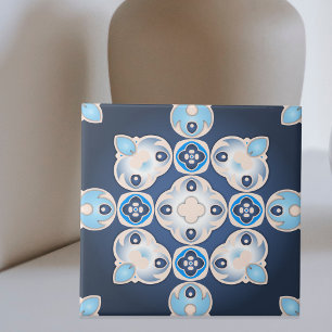 Carreau Elégant Médaillon Bleu Méditerranéen Beige