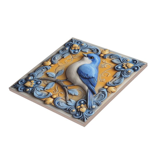 Carreau Élégant Mignon Tendance Faune Floral Oiseau Bleu  (Côté)