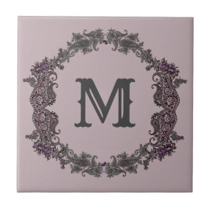 Carreau Élégant Monogramme encadré de violet et d'argent