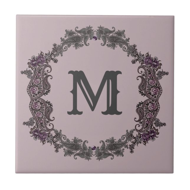 Carreau Élégant Monogramme encadré de violet et d'argent (Devant)