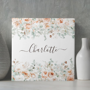 Carreau Élégant Monogramme Rustique Rose Floral Verdure