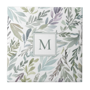 Carreau Élégant Monogramme Vert Bleu Botanique Aquarelle