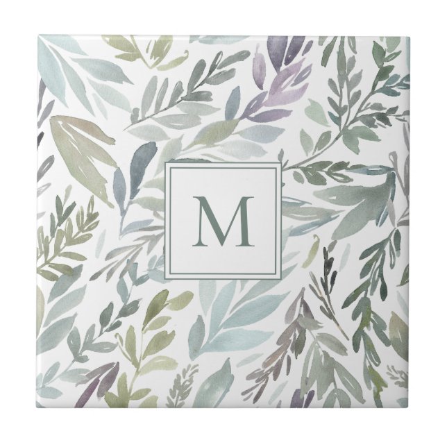 Carreau Élégant Monogramme Vert Bleu Botanique Aquarelle (Devant)