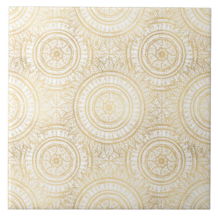 Carreau Élégant Motif blanc de tournesol Mandala Gold