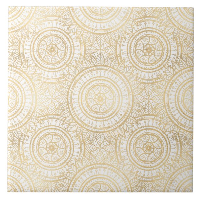 Carreau Élégant Motif blanc de tournesol Mandala Gold (Devant)