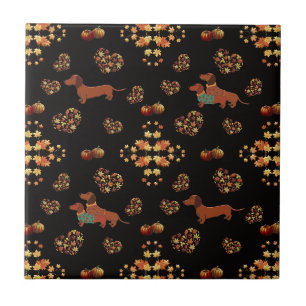 Carreau Élégant Motif Dachshund Automne : Fleurs Automnes