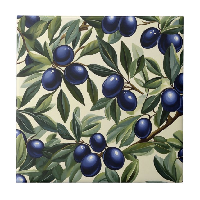 Carreau Élégant Motif de branche d'olivier avec des olives (Devant)
