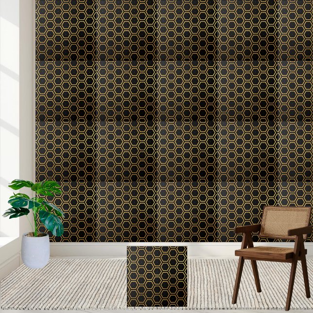 Carreau Élégant Motif Hexagon noir et or (Elegant Black and Gold Honeycomb Hexagon Pattern Ceramic Tile)