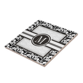 Carreau Elégant motif noir et blanc damassé & monogramme