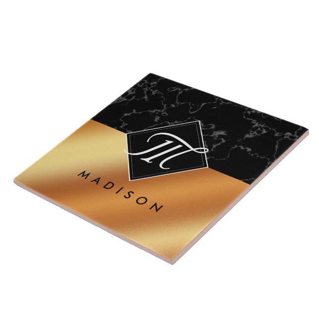 Carreau Élégant noir marbre et cuivre Script Monogramme (Côté)