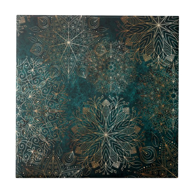 Carreau Elégant or et Turquoise vert Floral Mandala Motif (Devant)