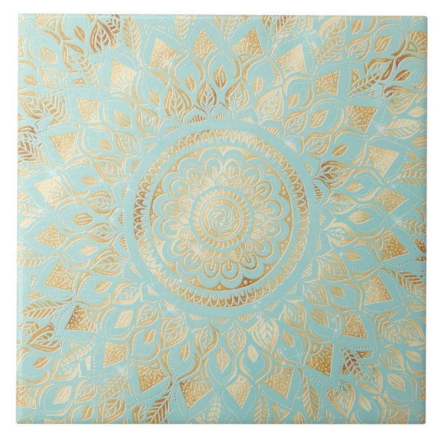 Carreau Elégant or Lumière Turquoise Mandala Floral (Devant)