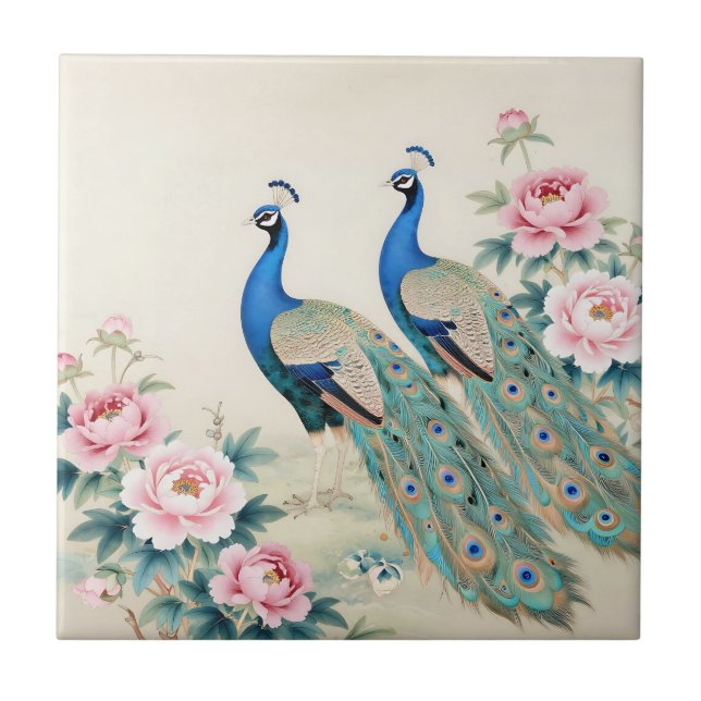 Carreau Elegant Peacocks Pink Peonies Asian  (Devant)