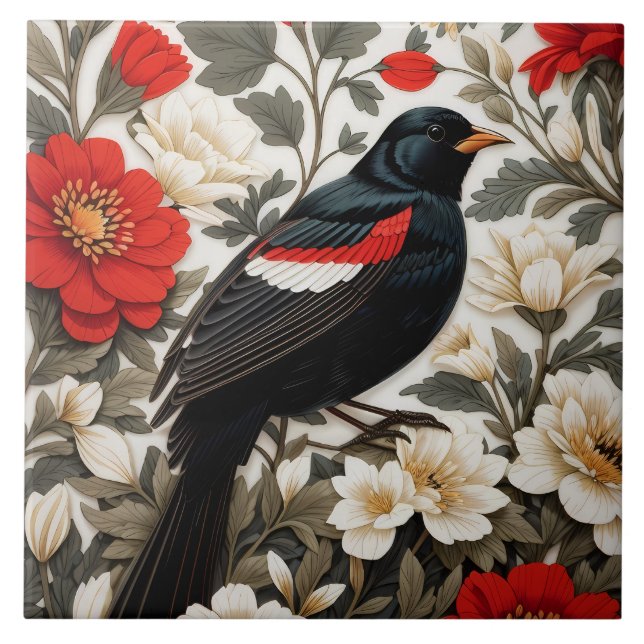 Carreau Elegant Red-winged Blackbird Red and Cream Floral (Devant)