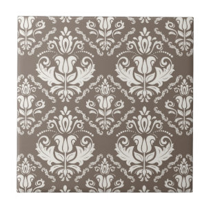Carreau Elégant Retro Ivory Damask Brocade Motif Brown