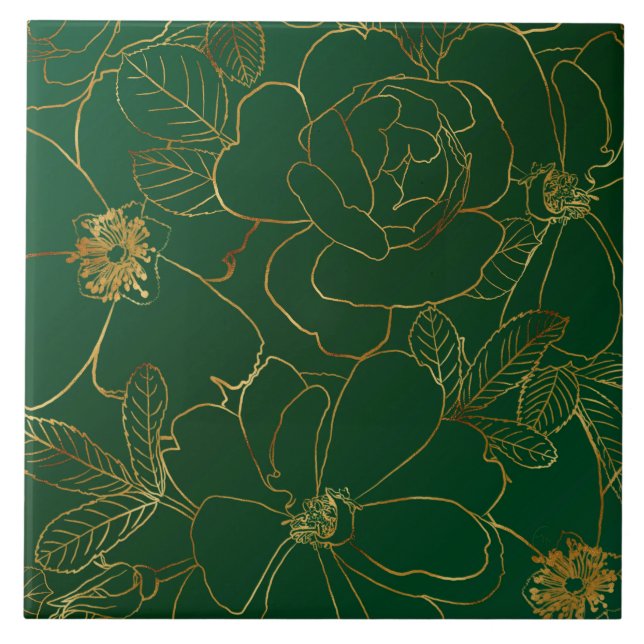 Carreau Elégant Rose d'or vert Floral Line Dessin (Devant)