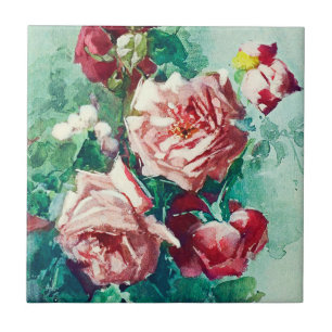 Carreau Elégant rose Vintage Roses Aquarelle Peinture