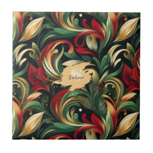 Carreau Élégant Rouge, Vert & Or Abstrait Feuilles de marg