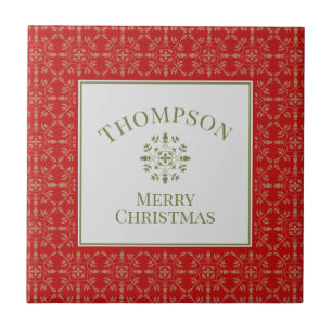 Carreau Élégant Rouge Vintage Noël Nom