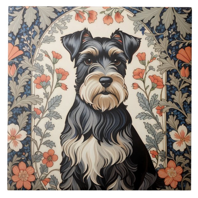 Carreau Elegant Schnauzer William Morris Inspired Floral (Devant)