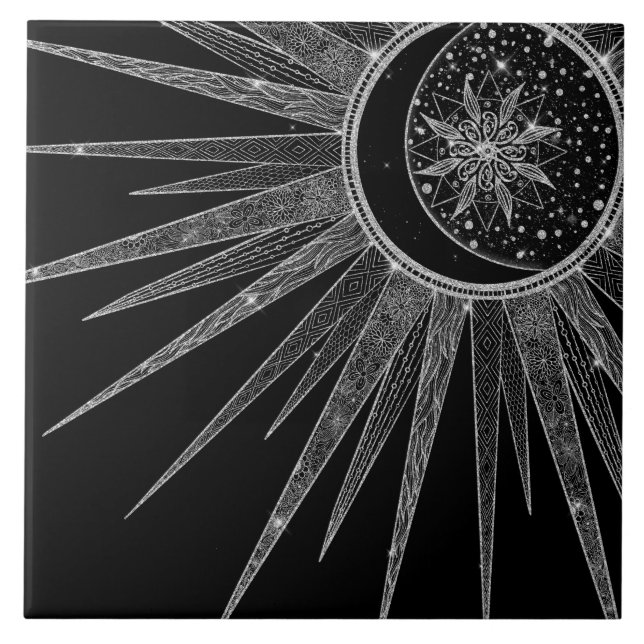 Carreau Elégant Silver Sun Moon Mandala Black Design (Devant)