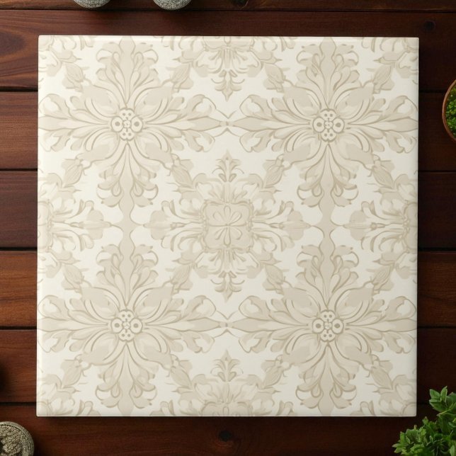 Carreau Elegant Simple Soft Beige Damask (Créateur téléchargé)