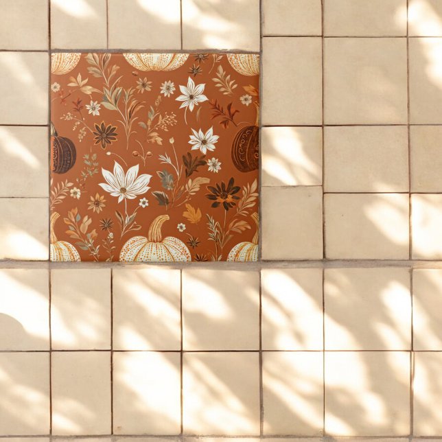 Carreau Élégant Terra Cota Citrouille Automne Motif Floral (Créateur téléchargé)