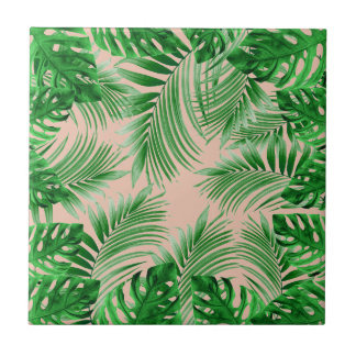 Carreau Elegant Tropical green palm leaves pattern pink ba